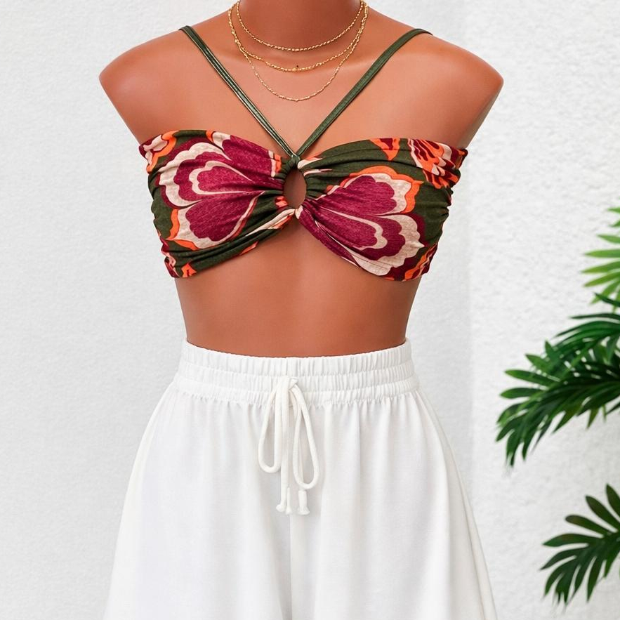 Top Cropped Feminino de Amarrar Estampado Tropical Multiformas Moda Verão Inspiração Rio Carioca
