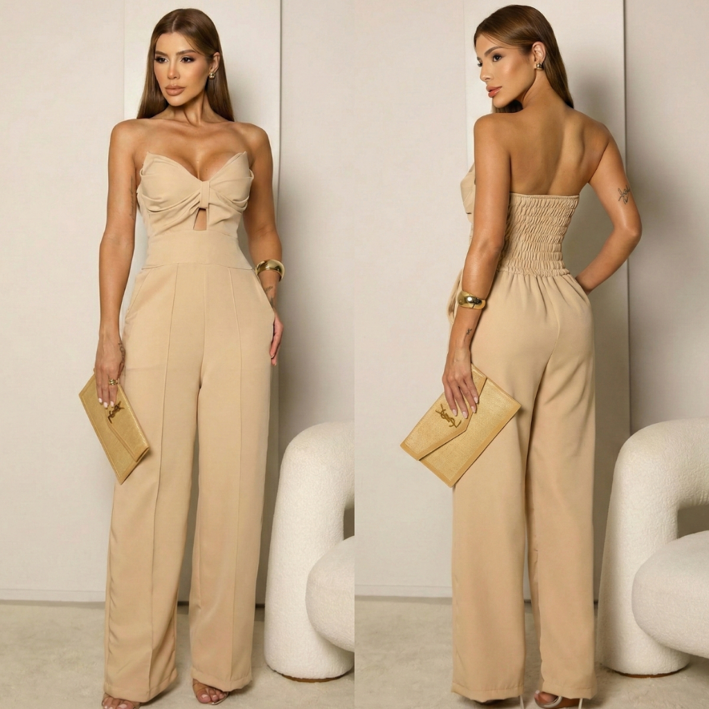 Macacão Feminino Longo Alfaiataria Calça Pantalona Com Bojo Lastex Nas Costas e Bolsos Tomara que Caia Luxo Festa Chic