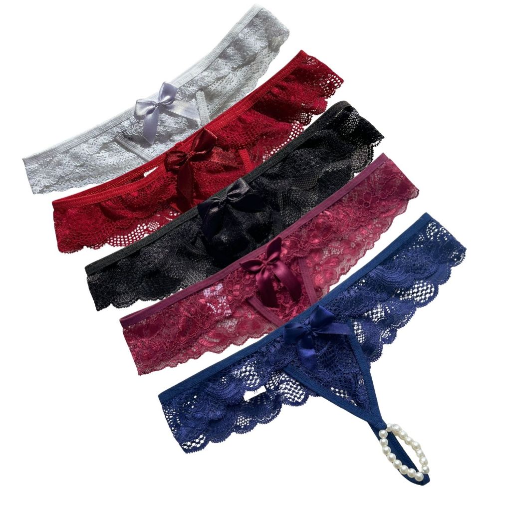 Calcinha Tailandesa em Renda com Anel de Pérolas | Lingerie Sensual Fio Dental Ajustável em Oferta na Shopee