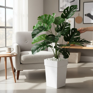 Planta Artificial Flores Costela de Adão + Vaso Decorativo Grande Rattan Decoração Enfeite Sala Casa em Oferta na Shopee