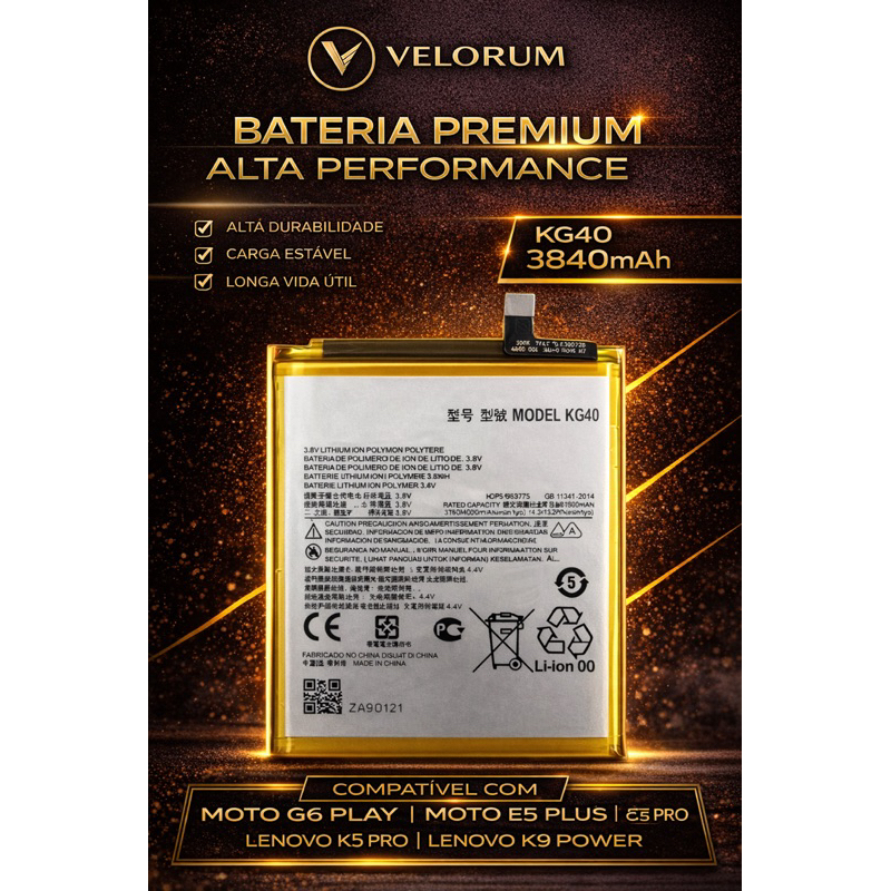 BAT (KG40) 3840mAh COMPATÍVEL COM MOTO G6 PLAY, MOTO E5 PLUS, LENOVO K5 PRO, LENOVO K9, MOTO G7 POWER