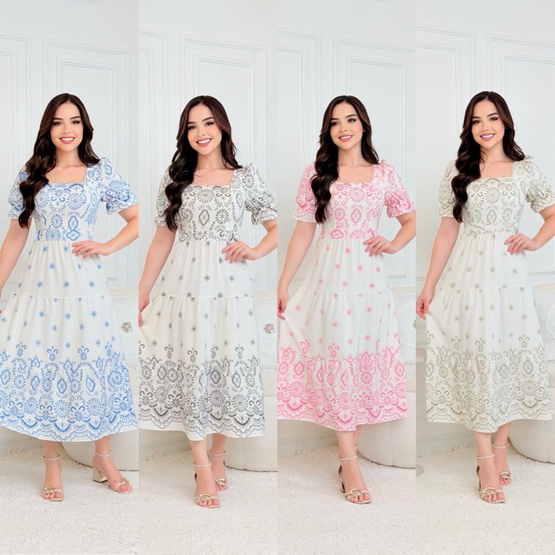 Vestido Mídi Feminino Floral Manga Curta Saia Godê Casual Moda Evangélica