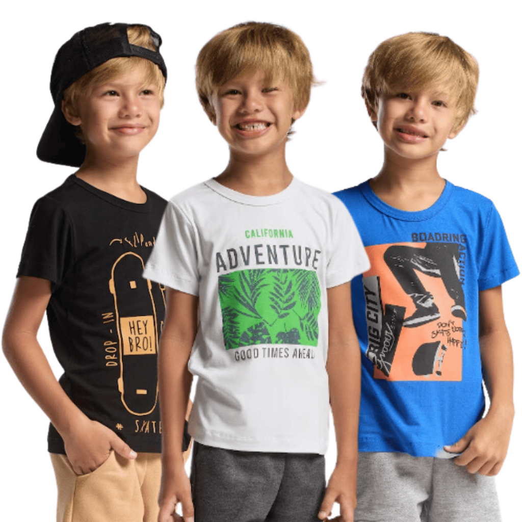 Kit 3 Peças Sortidas Blusa Infantil Com Estampa Menino Criança Juvenil Algodão Cotton Camiseta