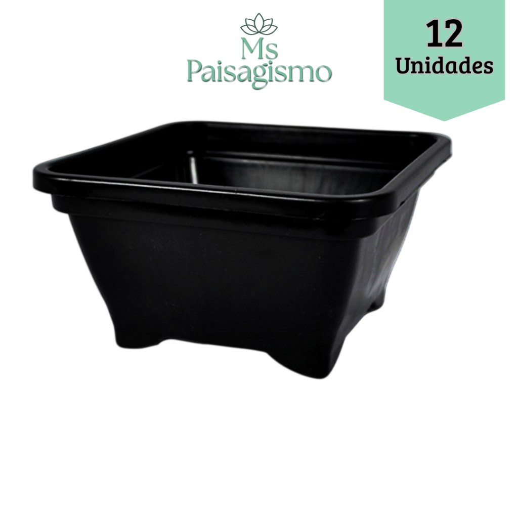 12 Vasos Potes Plásticos quadrado Bonsai Cactos E Suculentas 500ML Preto