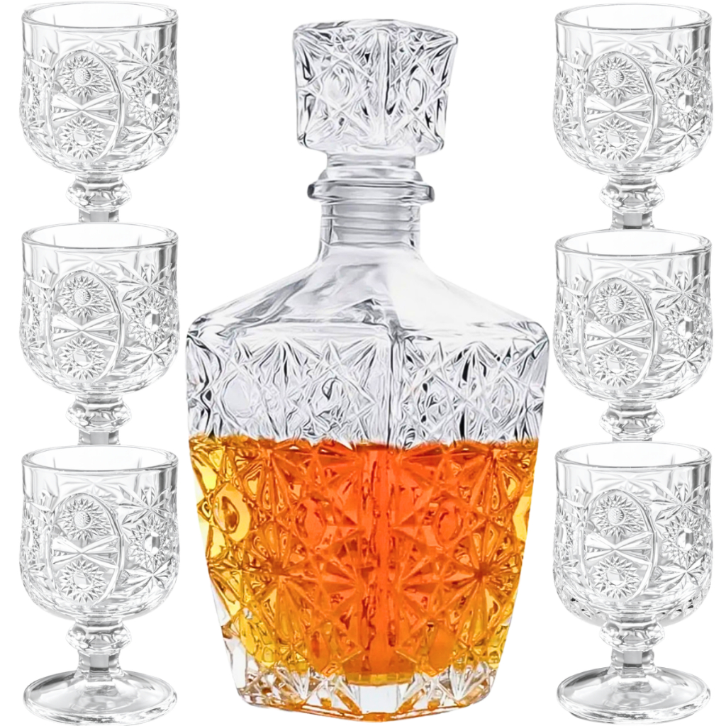 Garrafa Licoreira Quadrada + 6 Mini Taças de Dose Vidro Licoreira Decoração  Cristal Whisky Licor