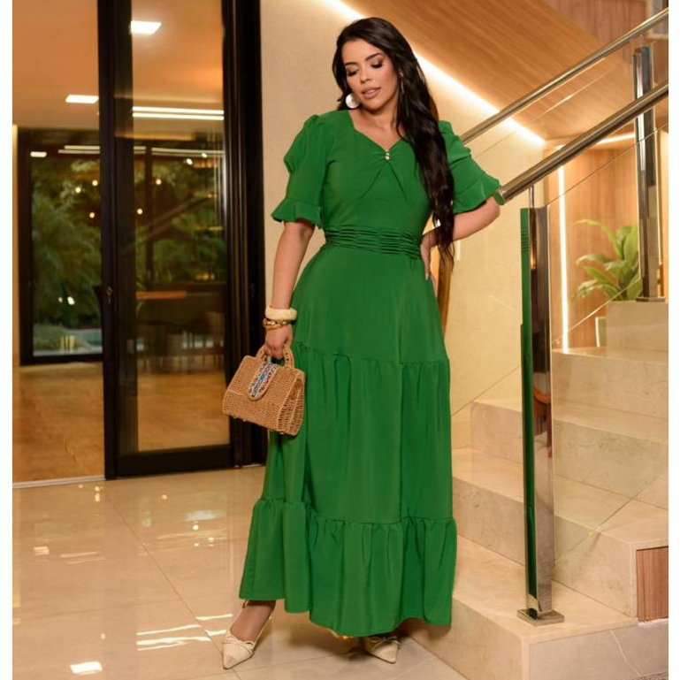 Vestido Longo Barbara com Detalhe em Oferta na Shopee