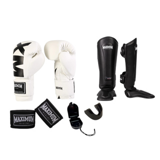 KIT COMPLETO MAXIMUM LUVA BRANCA+CANELEIRA+BANDAGEM 3 METROS+ PROTETOR BUCAL COM ESTOJO em Oferta na Shopee