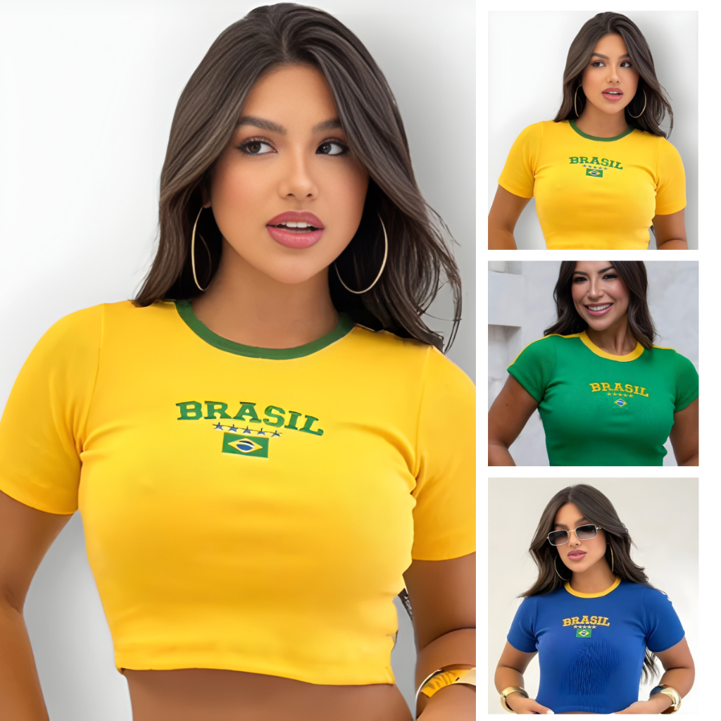 Cropped Manga Ribana Em Relevo Sem Bojo Copa do Mundo Rio de Janeiro Verão Praia 2026