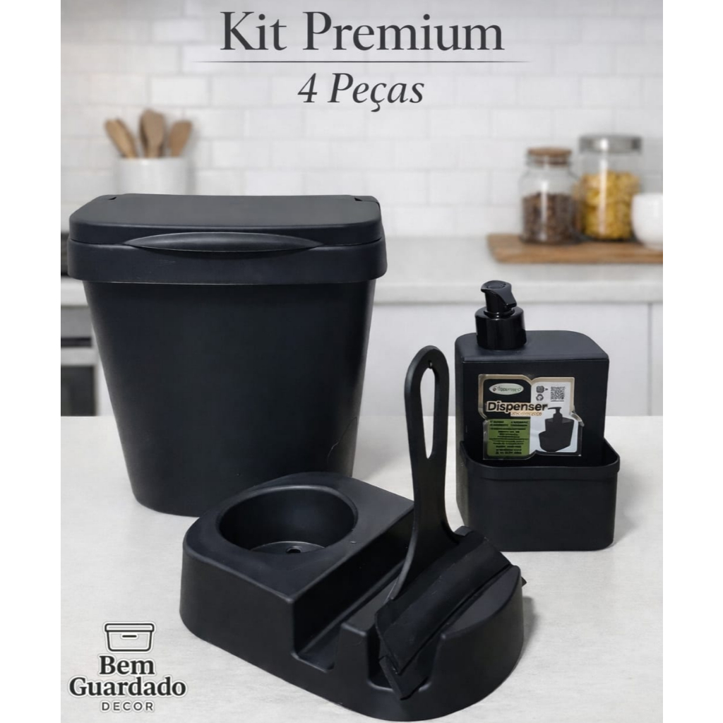 Kit Pia  Completo – Lixeira de Pia + Dispenser Detergente + Porta Esponja + Rodo Organização Cozinha