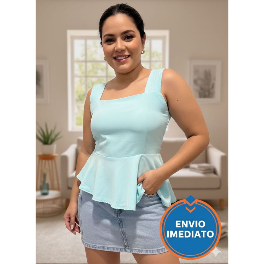 Blusa Peplum Feminina Azul Claro Regata Estruturada Acintura E Valoriza O Corpo