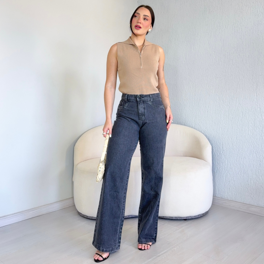 Calça Jeans feminina Wide Leg Preta Marmorizada Pantalona boca larga tecido premium - cintura alta