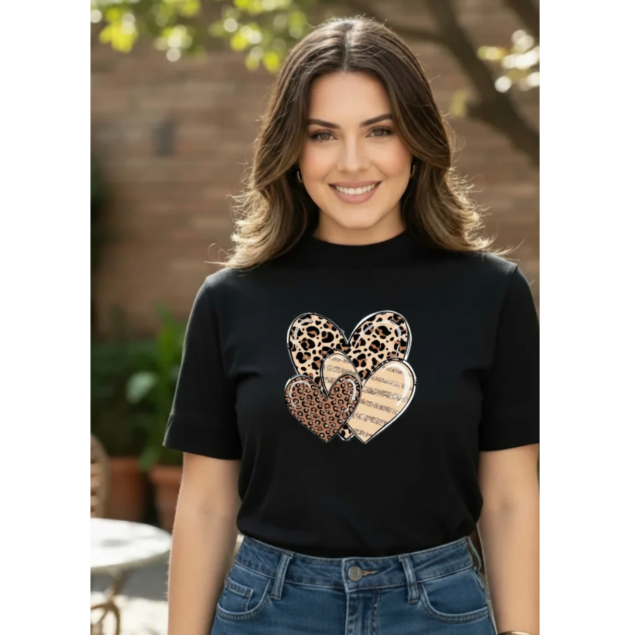 Camiseta Feminina T-shirt Básica Gola Redonda Camisa Algodão Estampada Coração Envio Imediato Diversas Cores