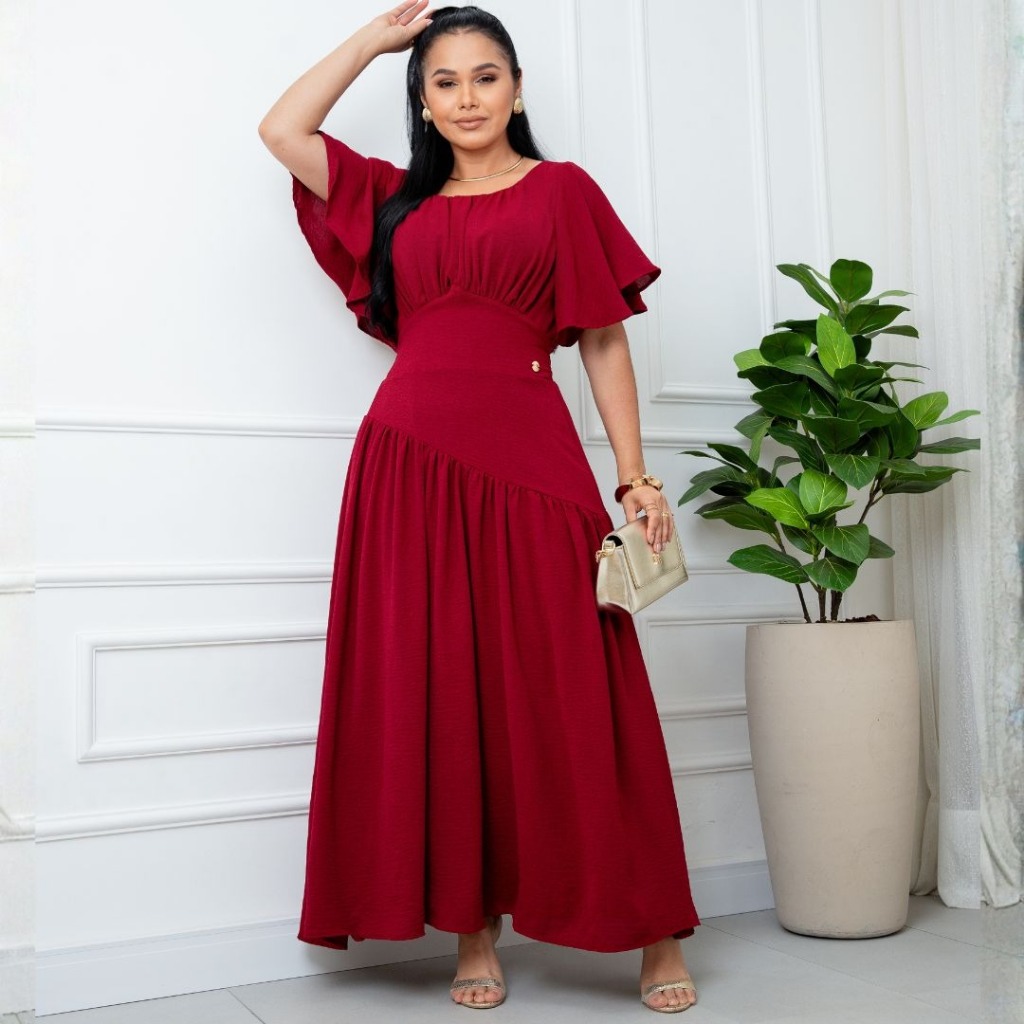 Vestido Longo com Manga Fluida e Cintura Marcada Assimetrica Moda Evangelica Cristã Modesta Casamento Festa -REF: Cauani em Oferta na Shopee