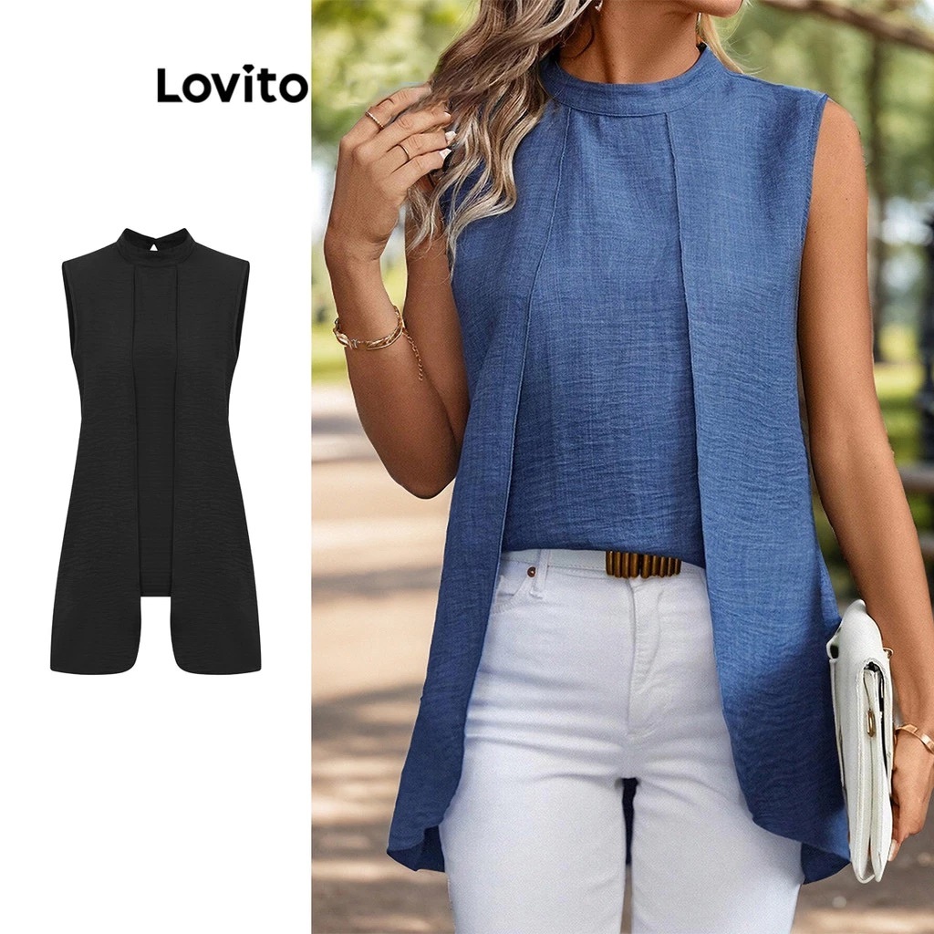 Lovito Elegante Blusa Feminina Lisa com Gola de Contraste LBL09035 em Oferta na Shopee