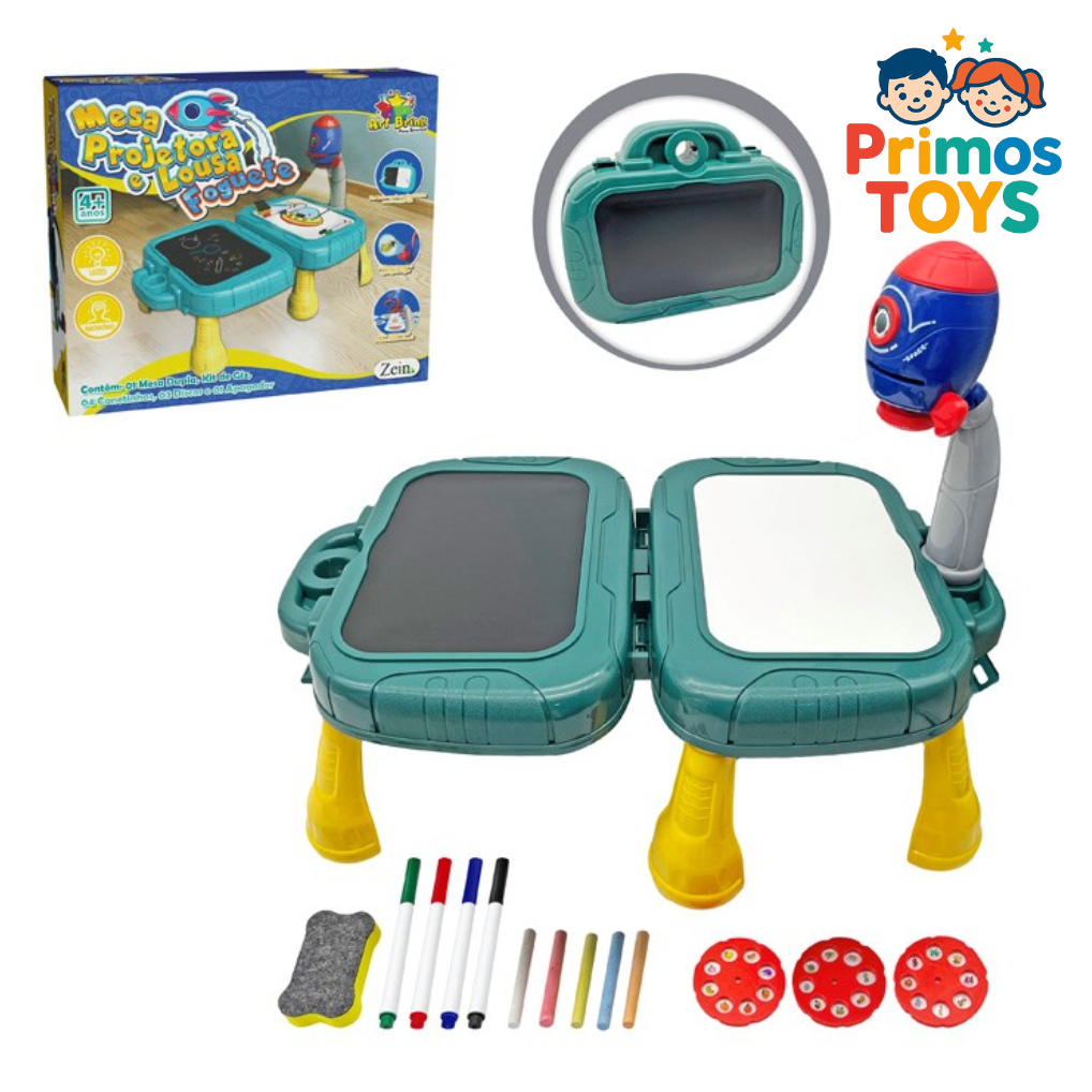 Mesa Projetora e Lousa Infantil 2 em 1 Foguete Azul | Kit Desenho e Pintura