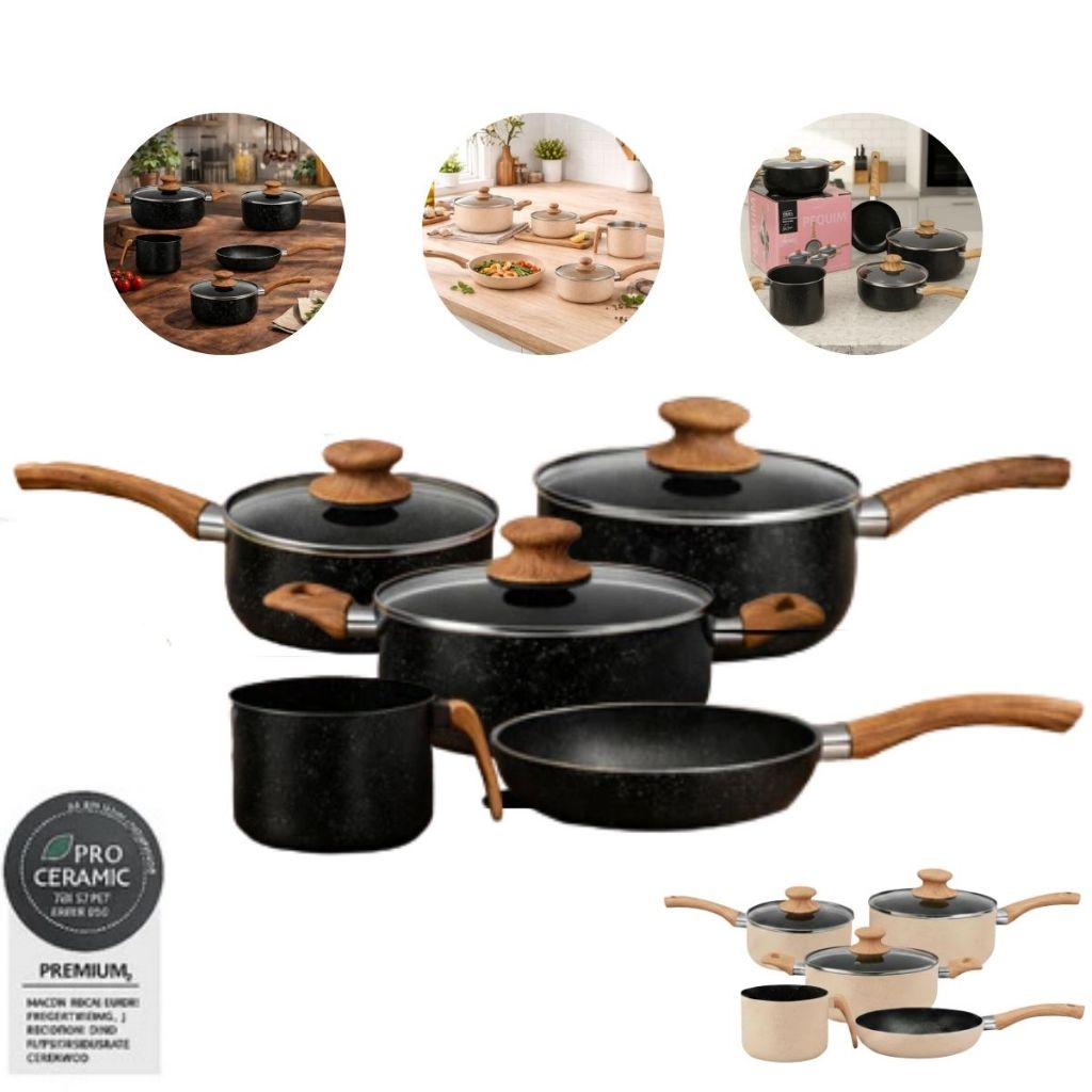 Kit Jogo De Panelas Preto ou Rosê Antiaderente 5 Peças Pequim Revestimento Cerâmica Tampa de Vidro