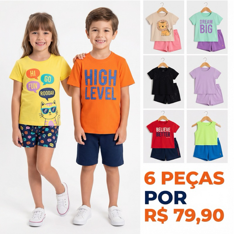 Conjuntos Roupas Infantil Masculino Menino menina infantil Juvenil Verão 1 ao 8 - 6 Peças