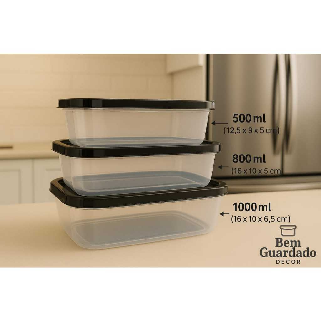 Trio Potes Retangulares com Tampa (500ml 800ml 1000ml)  Marmitas Plásticas Transparentes Herméticas