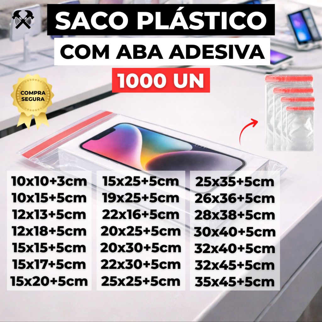 Kit 1000 Saco Plástico PP Com Aba Adesivado, Transparente, Resistente, Diversos Tamanhos Premium em Oferta na Shopee