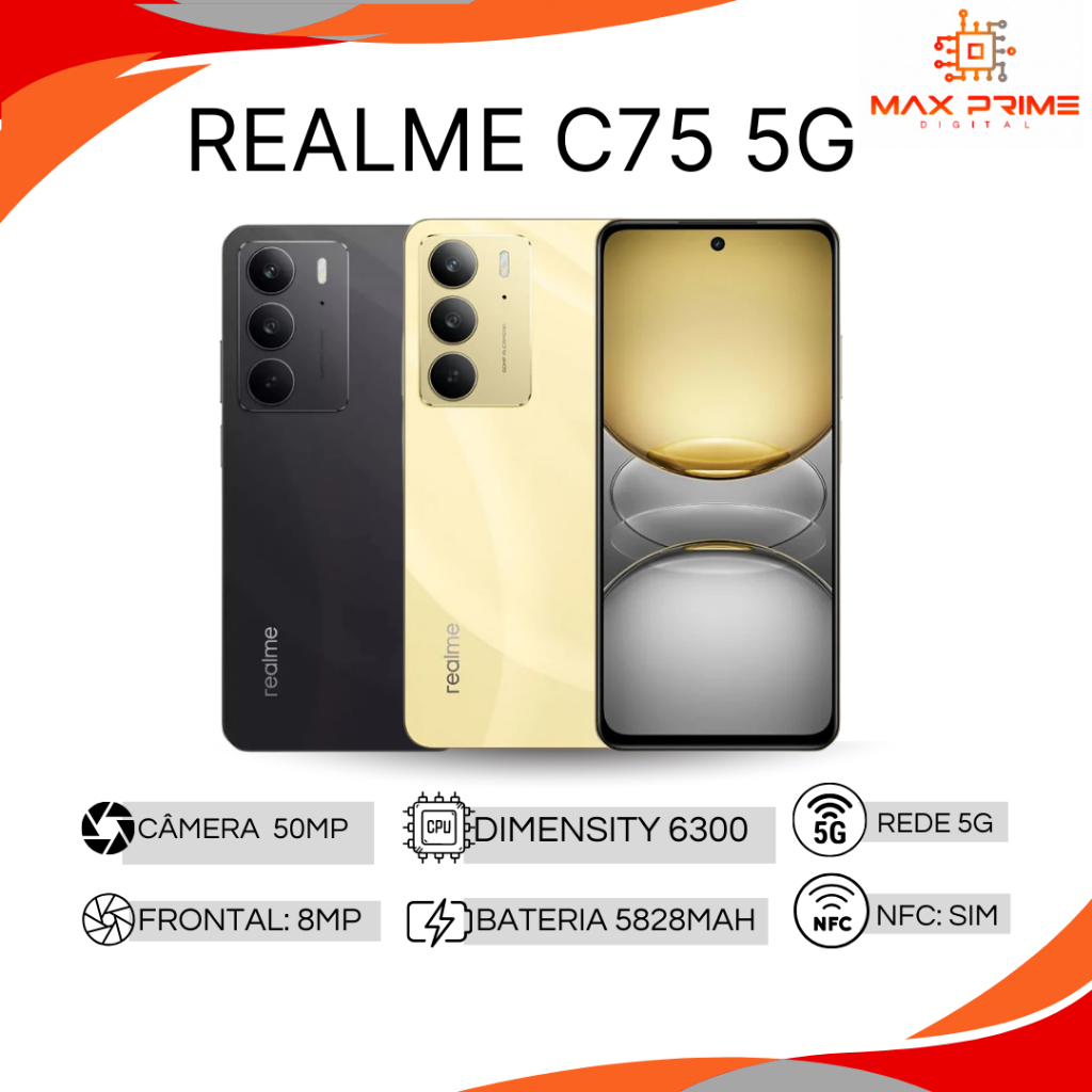 Realme C75 5G, Câmera 50MP,  Versão Global, 256GB + 8GB RAM, Proteção IP 69 em Oferta na Shopee