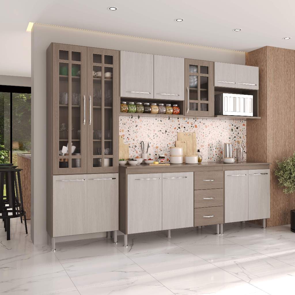 Armário de Cozinha Modulada Completa Fidelitá Paris 5 Peças 260cm 13 Portas 3 Gavetas Com Tampo Nogal/Salinas em Oferta na Shopee