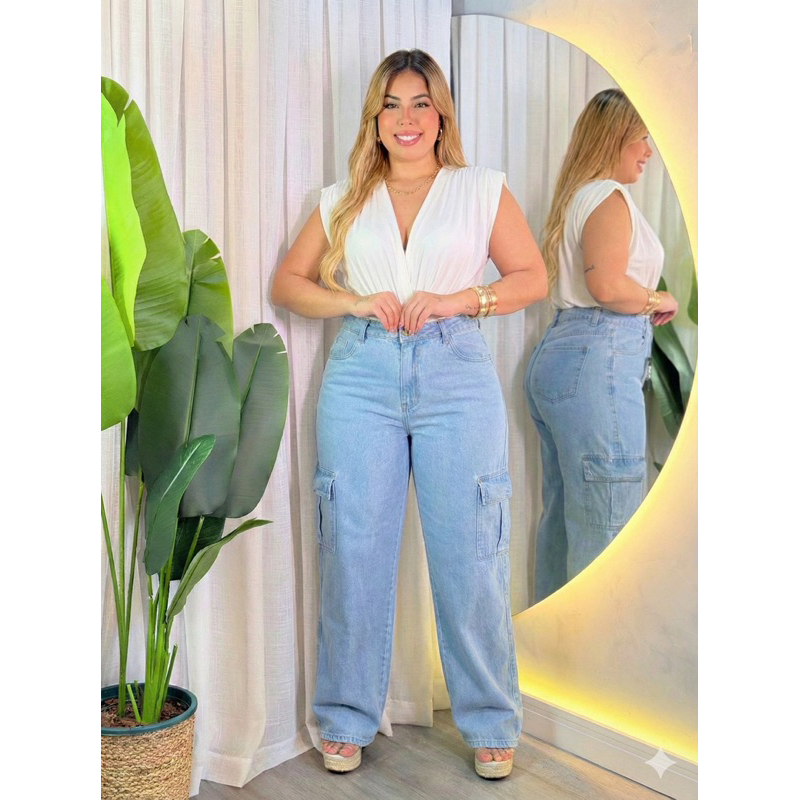 Calça Wide Leg Cargo Cintura Alta pantalona jeans Tendência Moda Feminina Premium em Oferta na Shopee