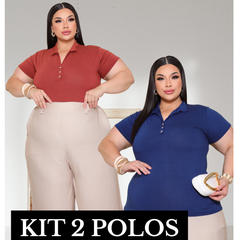 KIT 2 CAMISA PLUS SIZE FEMIMINA SOCIAL POLO SEMI ABERTO MANGA CURTA GOLA REGULAVEL COM BOTAO VISCOLYCRA PREMIUM GG G1 G2