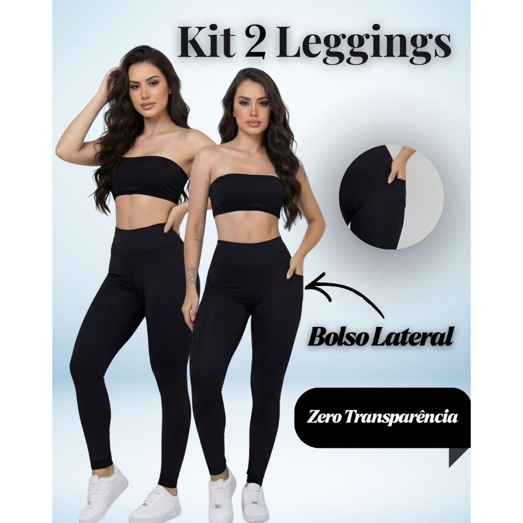Kit 2 Calças Legging Suplex Com Cintura Alta Modeladora e Bolso Lateral Zero Transparência Fitness
