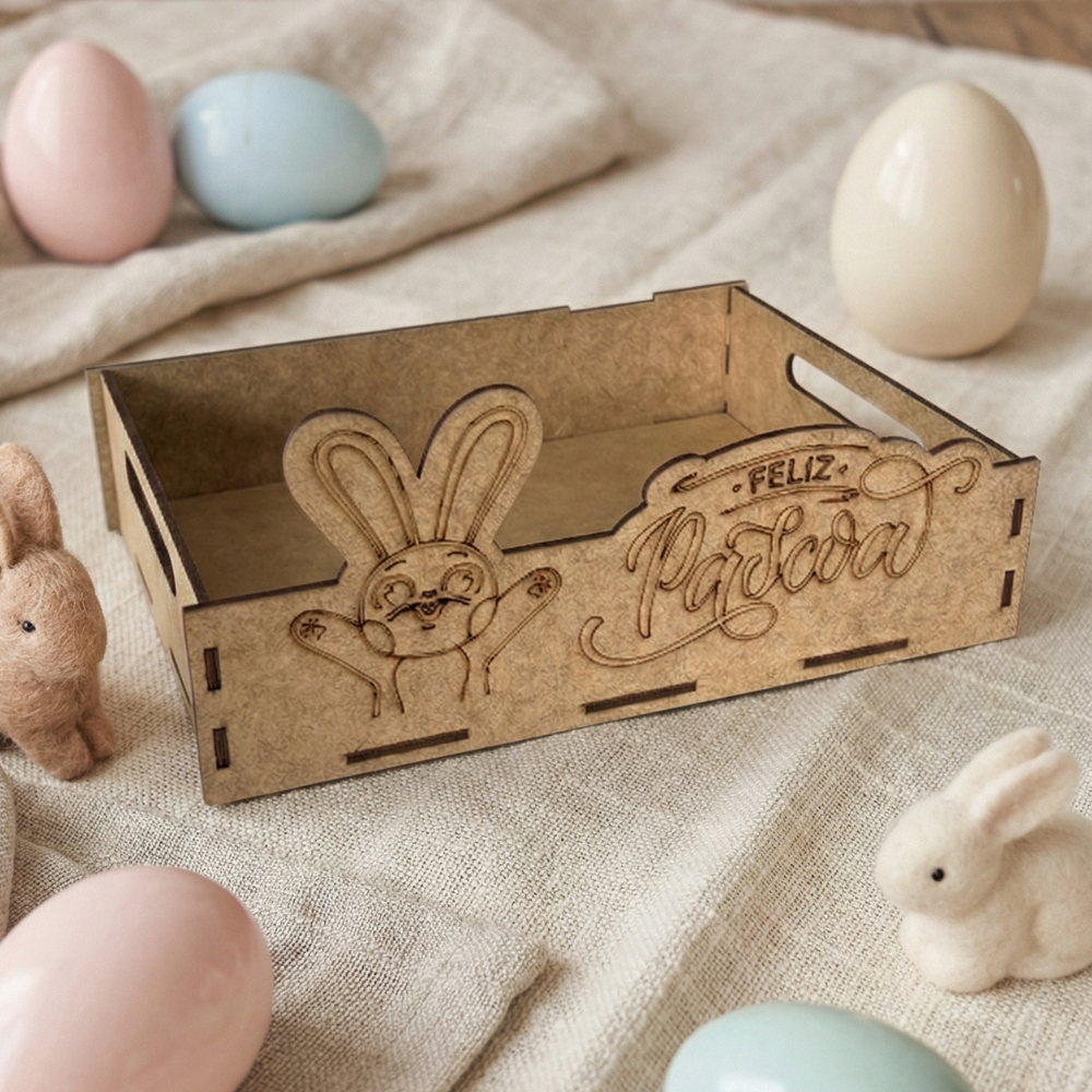 Kit Bandejas Cestas Coelho Feliz Páscoa MDF 20x15x5cm Para Bombom Ovo De Colher