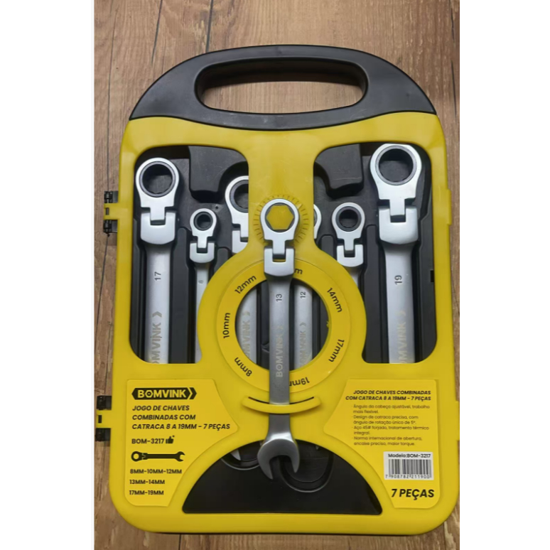 BOM-3217Kit 7 Peças Jogo Chave Ferramenta Combinada Catraca Boca Profissional 8 10 12 12 13 14 15 17 19 mm