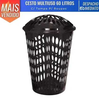 CESTO TELADO PRETO COM TAMPA TELADA – 60 LITROS