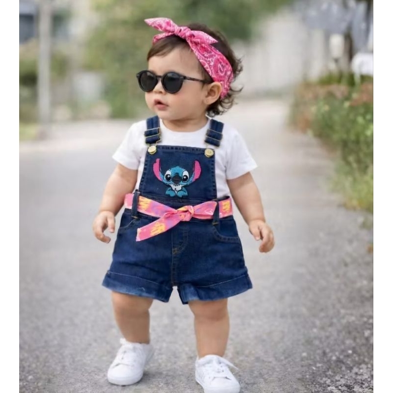 jardineira  jeans infantil stitich menina tamanho 1 2 3 4 6 8 jardineira menina  infantil shorts menina feminina stitch