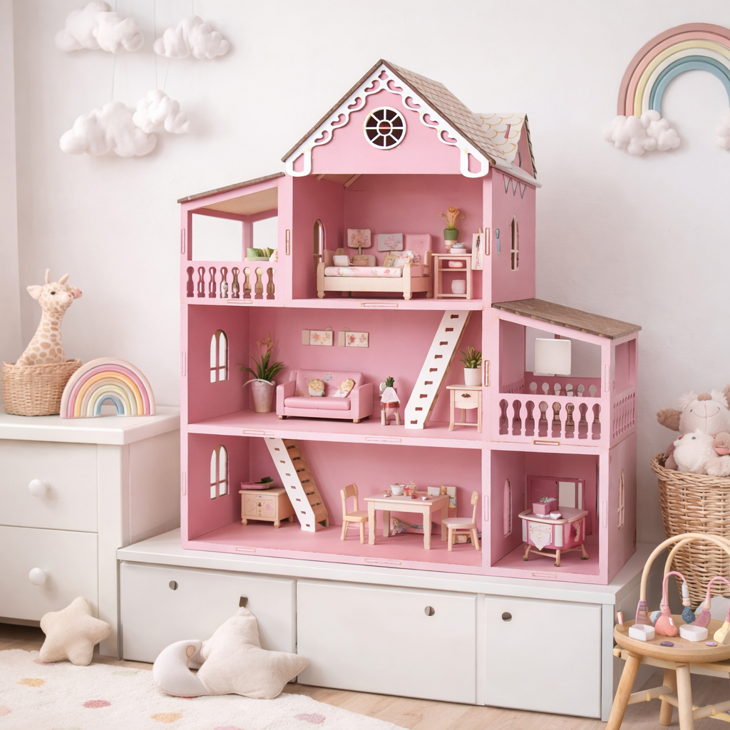 Casinha De Boneca Madeira Mdf Grande 3 Andares Rosa Com 20 Moveis Didatica Brinquedo Infantil Menina Presente Decoracao