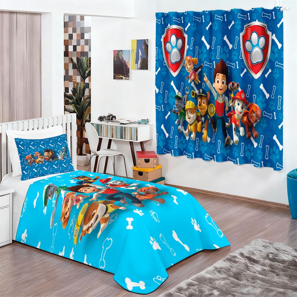 Kit Enxoval Infantil Canino Fronha e Cobre Leito + Cortina Estampada Quarto Decorado Patrulha C. Azul