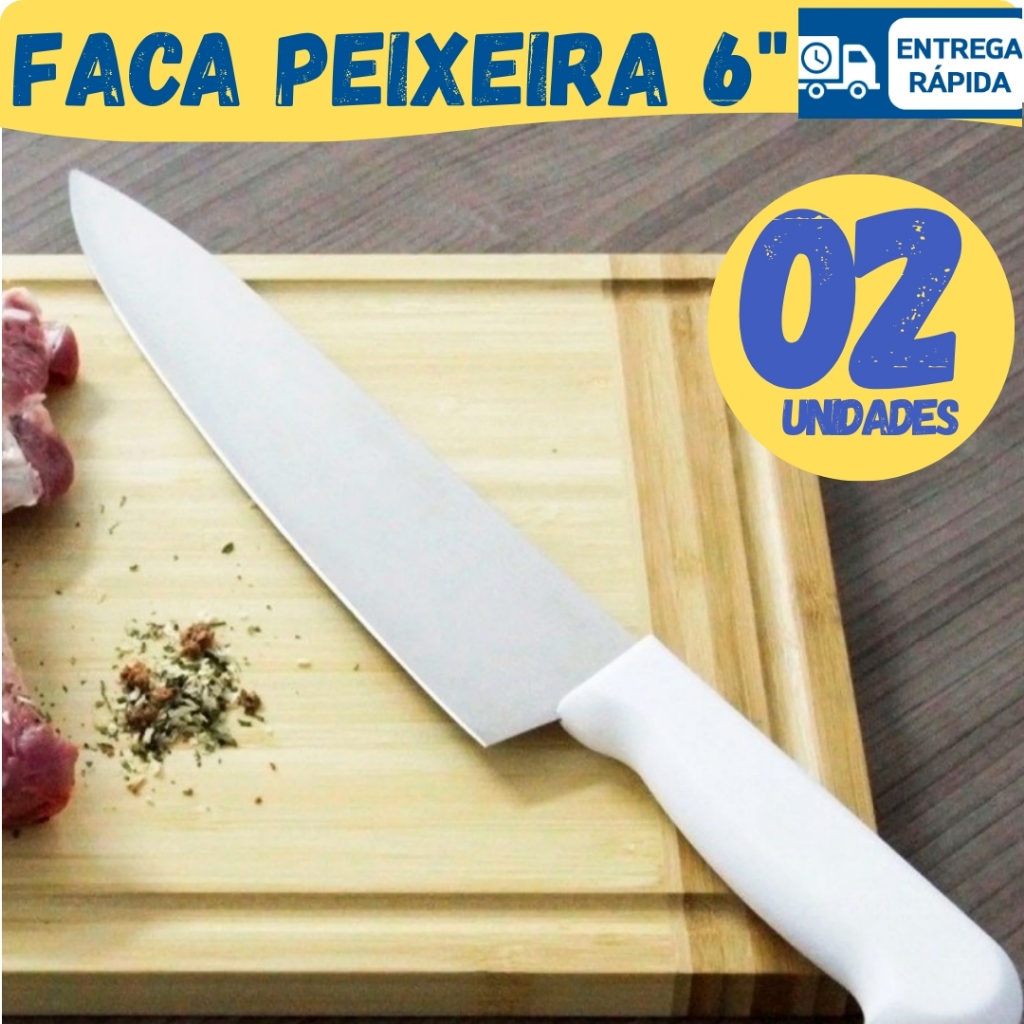 Imagem Kit Faca Peixeira Inox Profissional 6” Cabo Branco Para Cozinha e Churrasco
