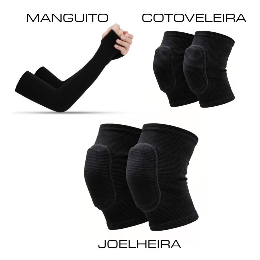 Kit Conjunto Joelheira Compressao com Cotoveleira de Proteção e Manguito Anti UV Esportes Volei Danca Goleiro
