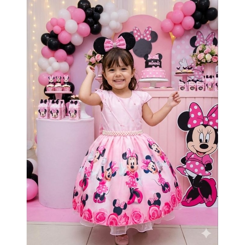 Vestido Minnie Minie Rosa festa infantil aniversário temático luxo midi