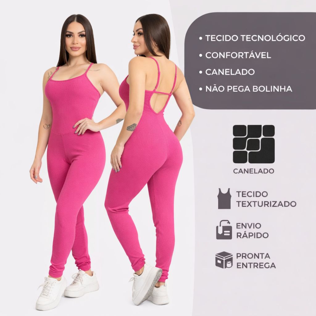 Macacão Feminino Longo Fitness Canelado Modelador Zero Transparência Academia P ao GG