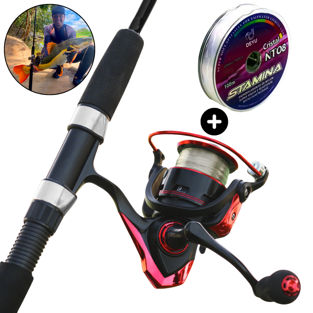 Kit Pesca Molinete 4000 Drag 8Kg + Vara 1.80m 2P 40Lbs Ação Média + Linha 0.40mm Monofilamento