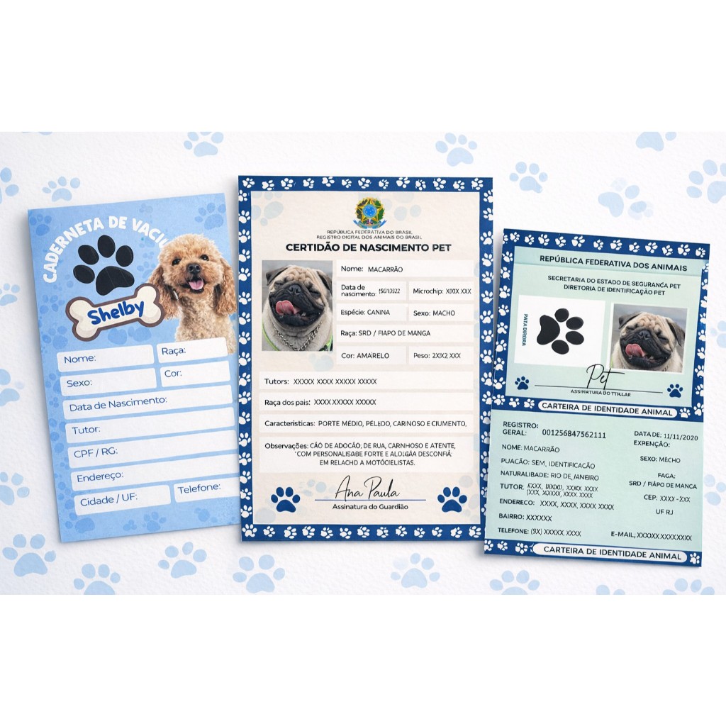 Documento pet - Certidão de nascimento pet  + RG pet + Caderneta de vacinação pet