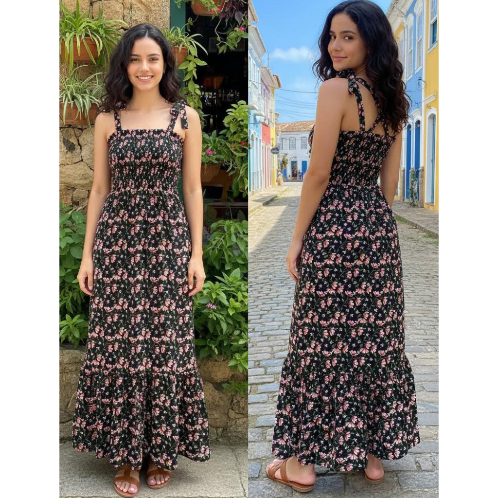 Vestido longo estampado elatex alça amarrado