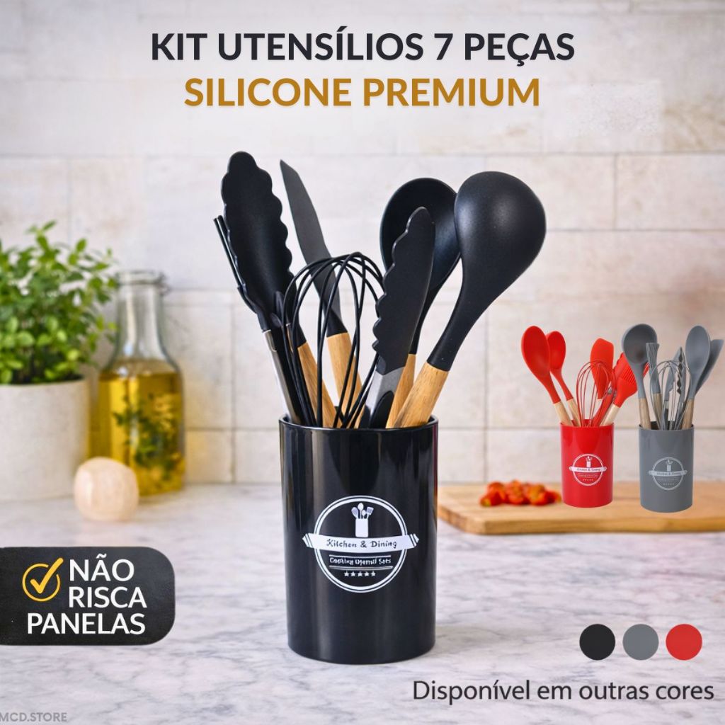 Kit Utensílios Silicone Cabo Madeira 7 Peças Antiaderente Não Riscam Panela Culinários Resistente ao Calor