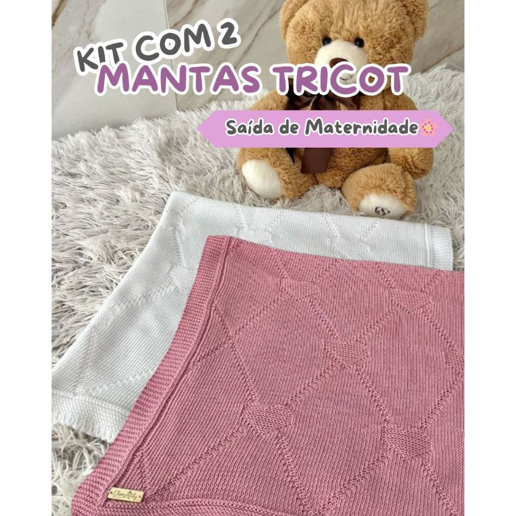 Kit com 2 Saída de Maternidade Manta Tricot Bebê Coração  Luxo Cobertor Recém Nascido Menina Menino