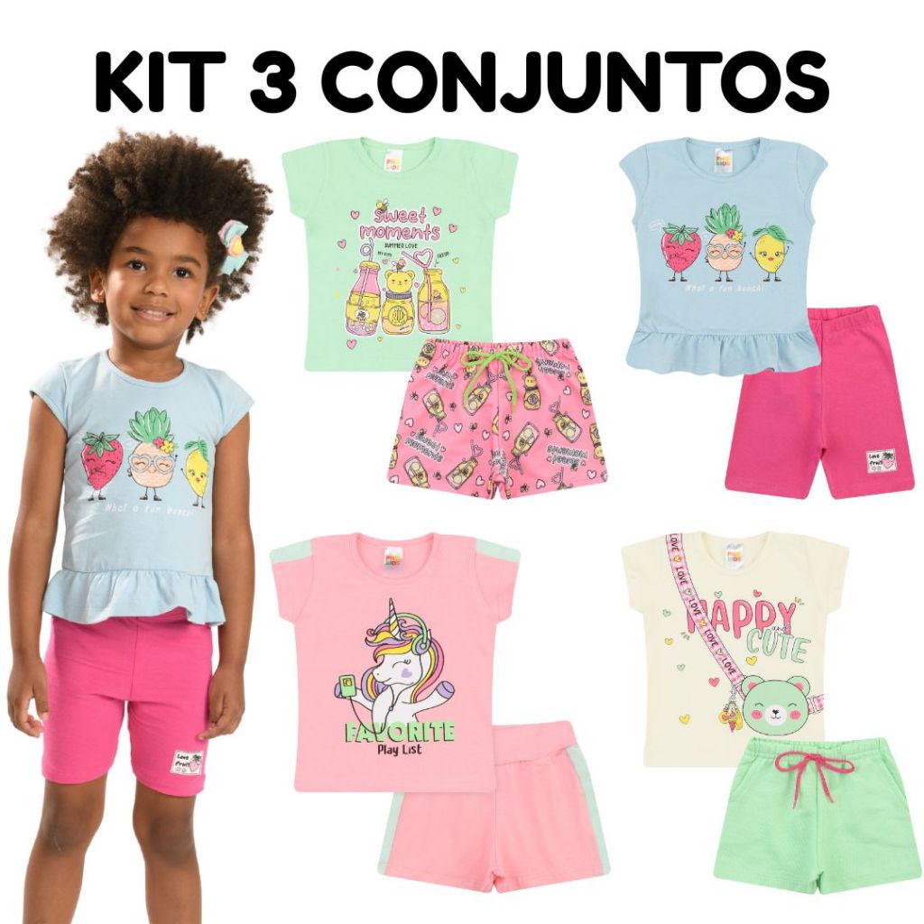 Kit Sortido 6 Peças Roupa Bebê Infantil Menina 3 Conjuntos 3 Blusas + 3 Shorts Feminino Verão