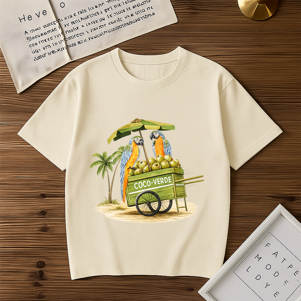 Camiseta Básica Feminina Carrinho de Coco Arara Tropical Verão Blusa 100% Algodão Lançamento