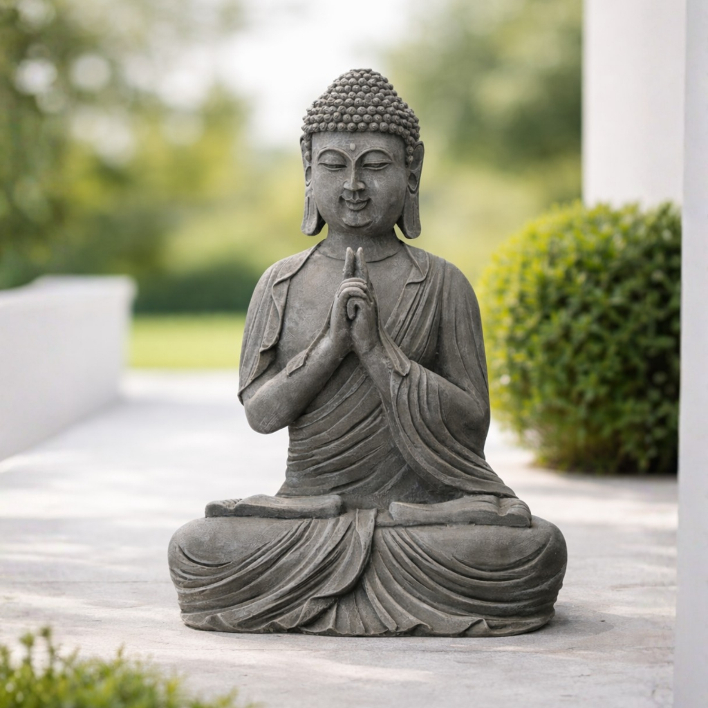 Imagem Estatua Buda Tibetano Orando Cinza Concreto Zen Resina 46cm