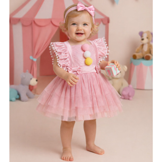 Conjunto Jardineira Circo Bebê Menina Saia Com Pompom+Laço Cetim+Calcinha Carnaval Aniversário Tema em Oferta na Shopee