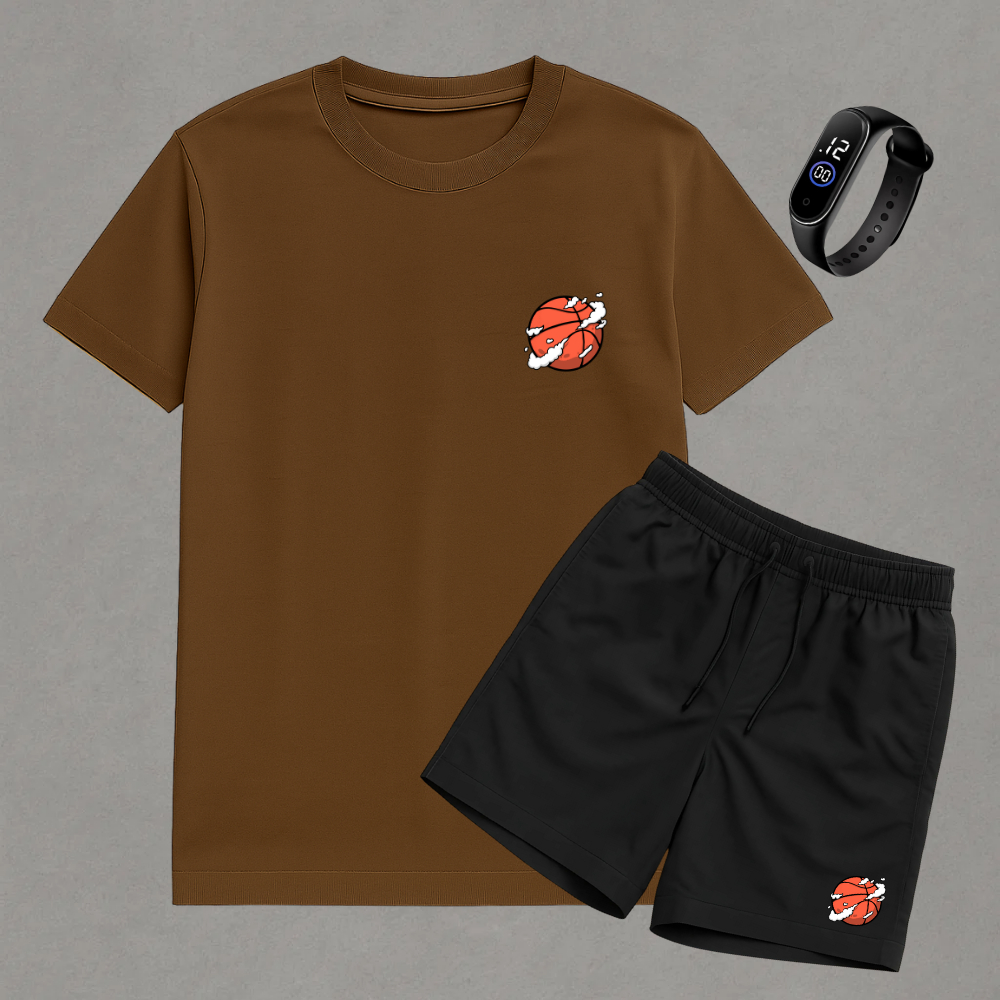 Kit Conjunto Camiseta 100% Algodão Short Bermuda Tactel Bola Basquete Esporte Fitness Relogio Digital