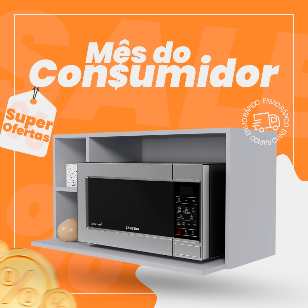 Suporte Microondas Aéreo 81cm com Nicho Adega Miami Cinza Claro - Lumil em Oferta na Shopee