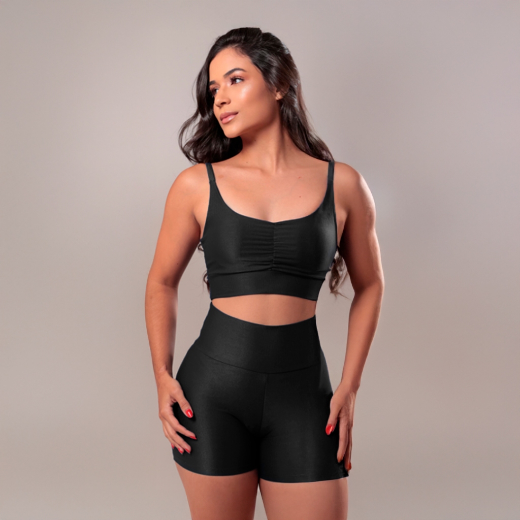 Conjunto Academia Shorts e Top com Bojo Removível Zero Transparência Canelado Premium